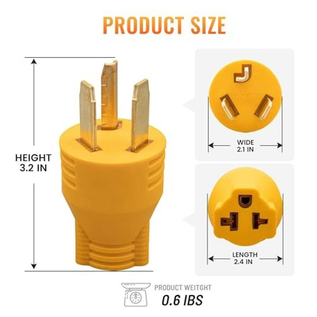 Yellow adapter plug size with prongs: 3.2 in height and 2.4 in length