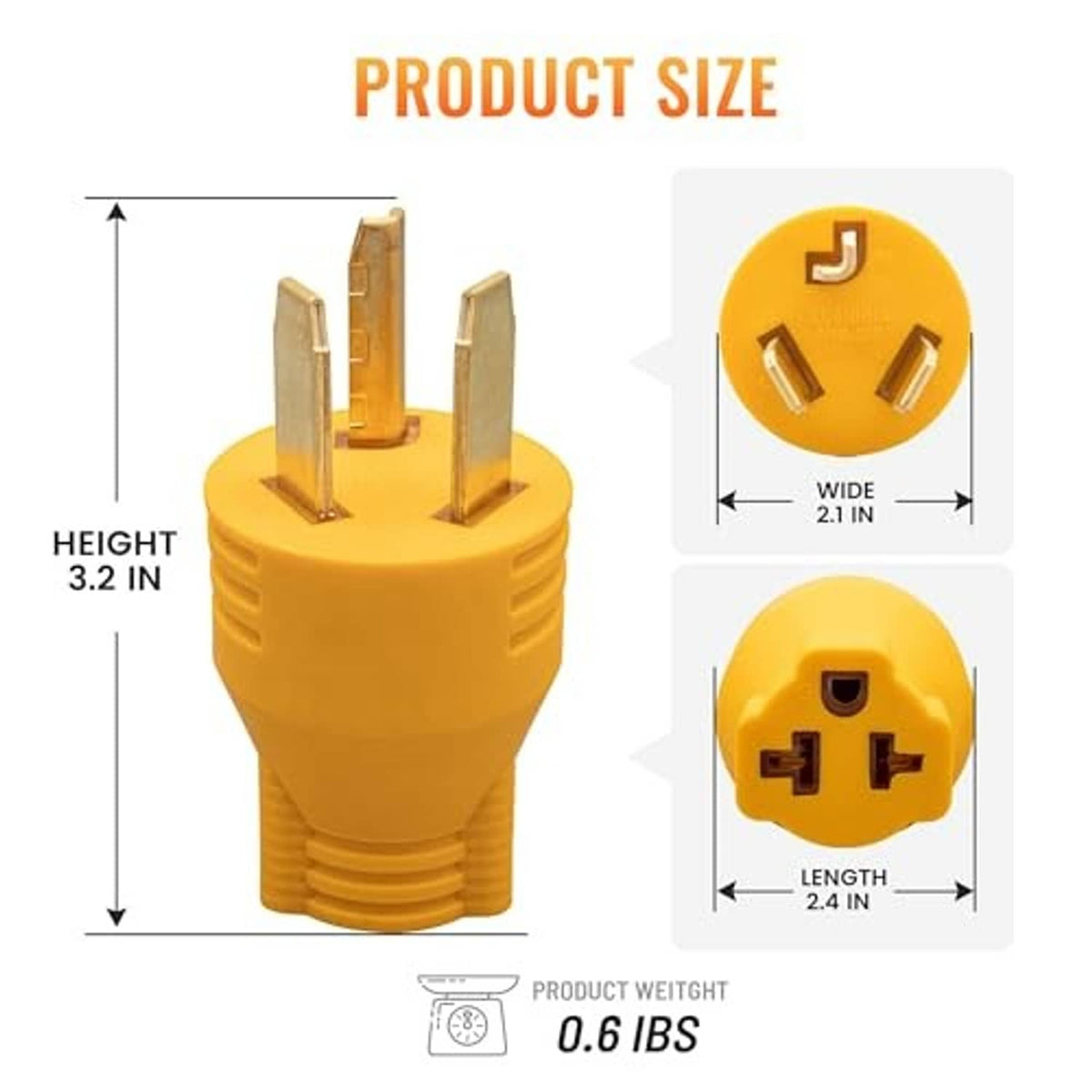 Yellow adapter plug size with prongs: 3.2 in height and 2.4 in length