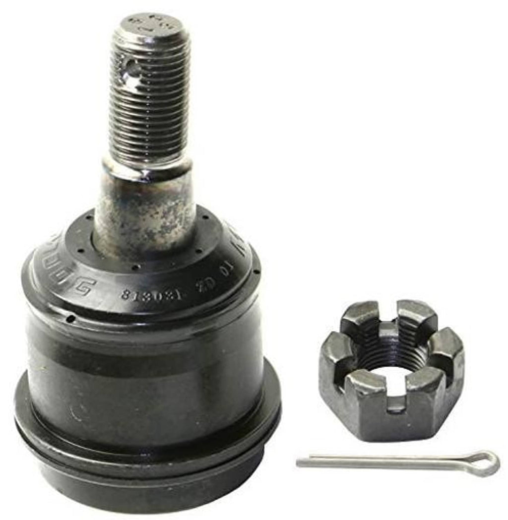 Front suspension ball joint with threaded stud and black boot, cotter pin and nut
