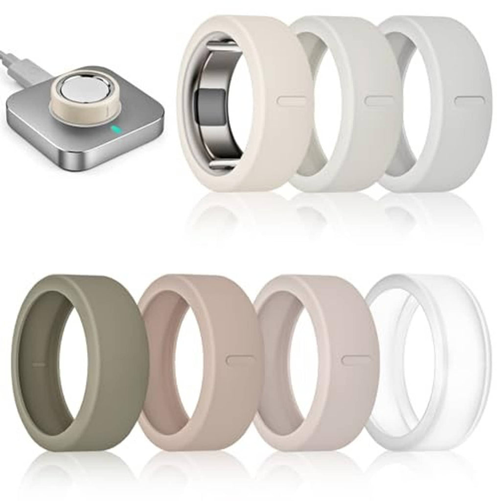 7-pack ring covers for Oura Ring Gen 4 in dark olive, taupe, and white, shown together