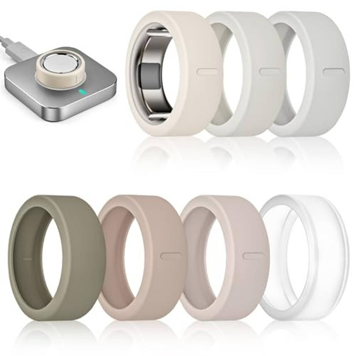 7-pack ring covers for Oura Ring Gen 4 in dark olive, taupe, and white, shown together