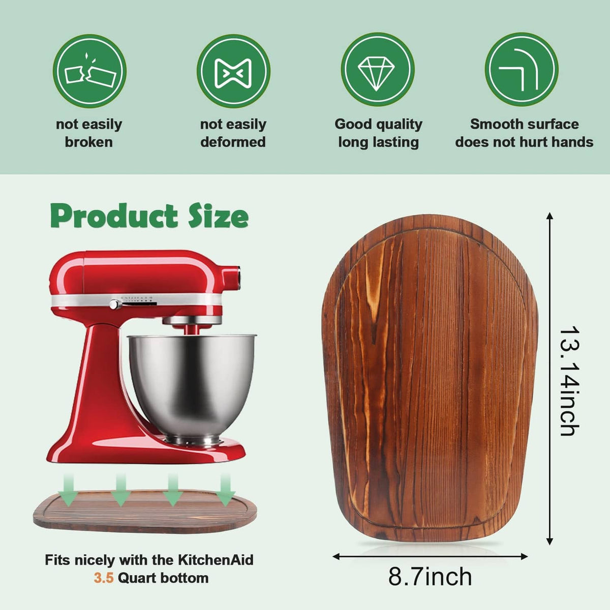 Dark wood oval mixer slider pad with rounded end for stand mixer