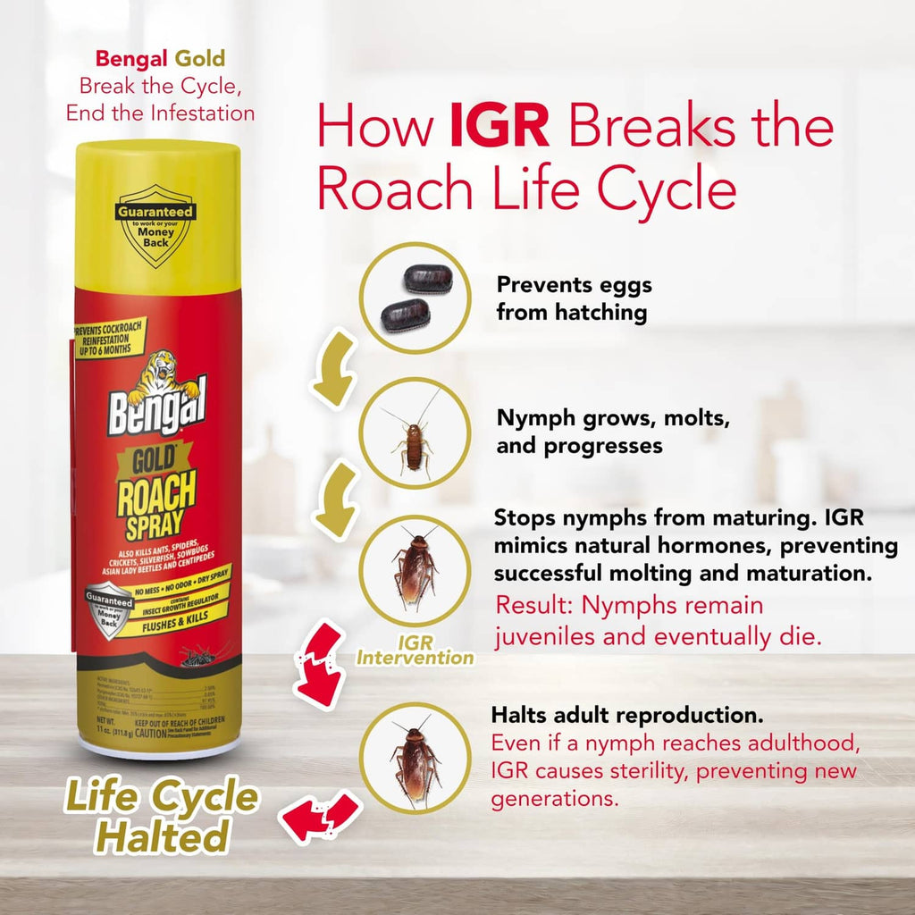 Bengal Gold Roach Spray aerosol can with yellow cap, red label, and side profile