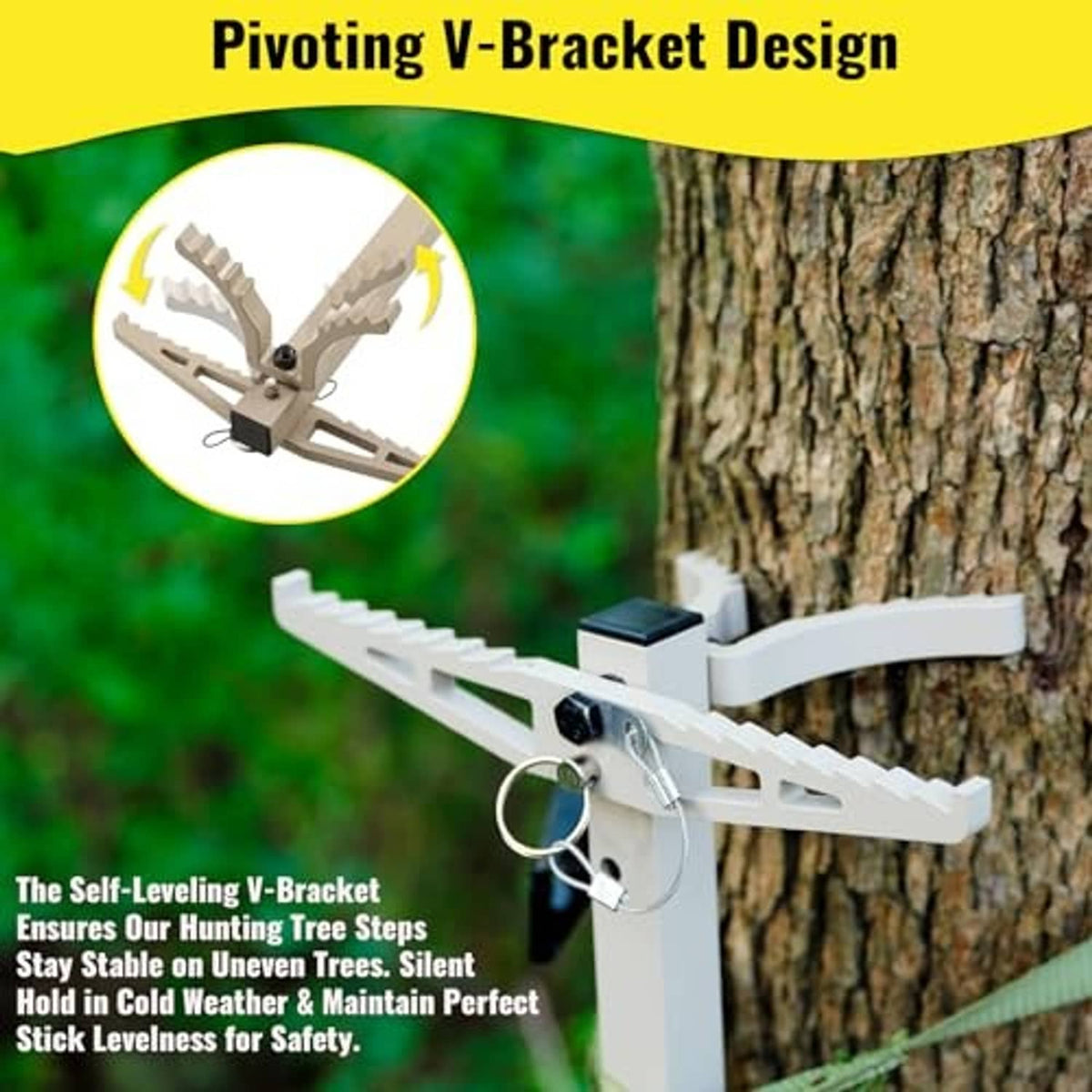 Pivoting V-bracket mechanism on aluminum climbing stick with foot platform on tree