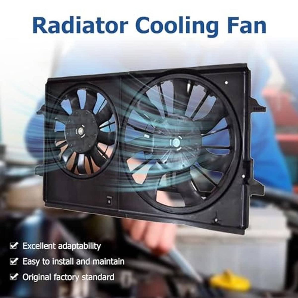 Black radiator cooling fan assembly with dual blades and animated airflow effect
