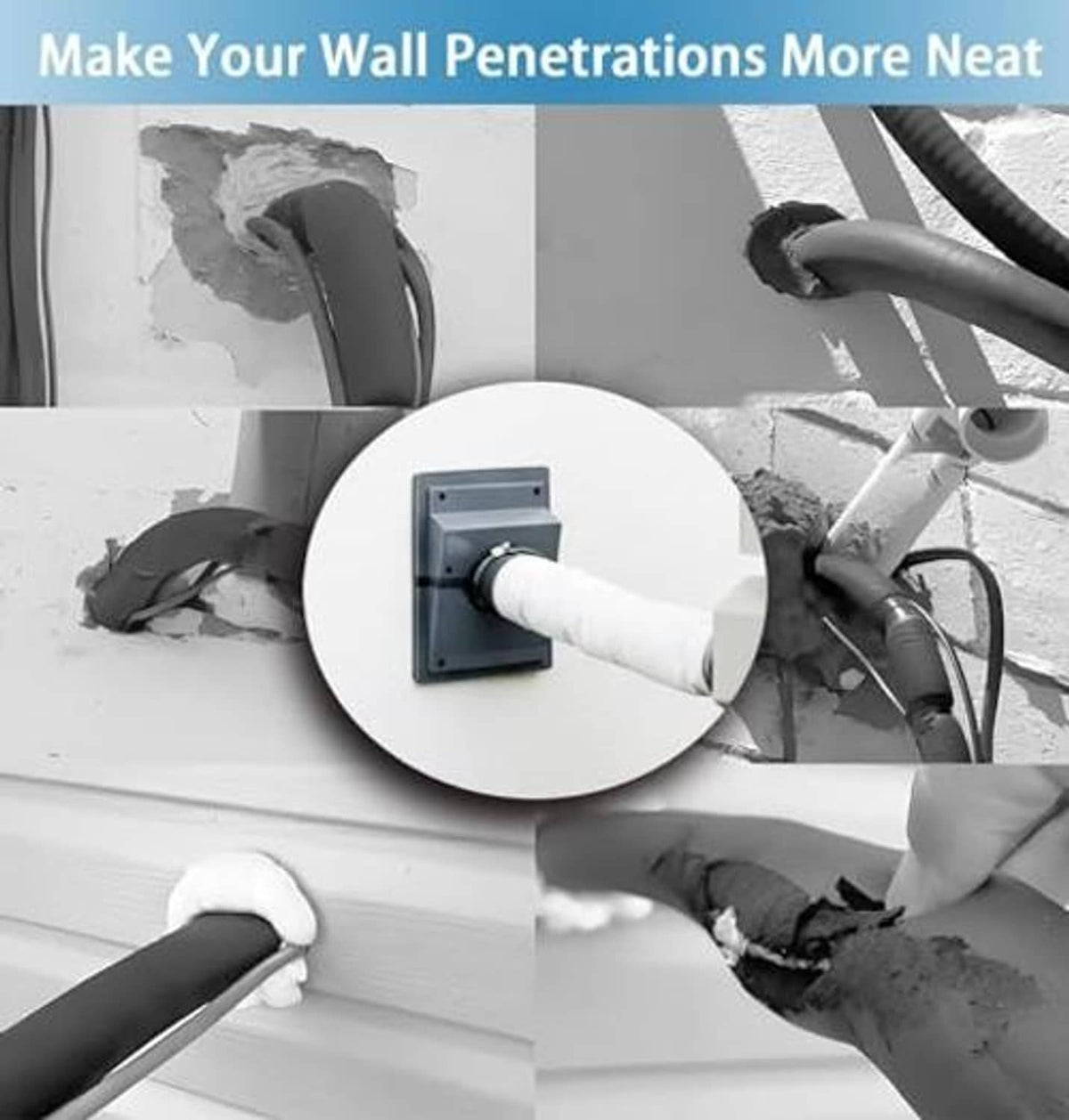 HVAC wall penetration cover kit with installed white cover plate and insulated line