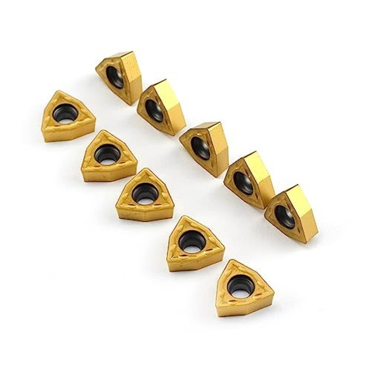 Carbide turning inserts, triangular gold tips with round hole, some side views