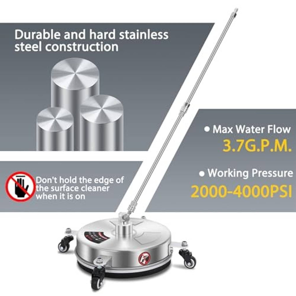 Pressure washer surface cleaner with stainless steel body, long wand, and caster wheels