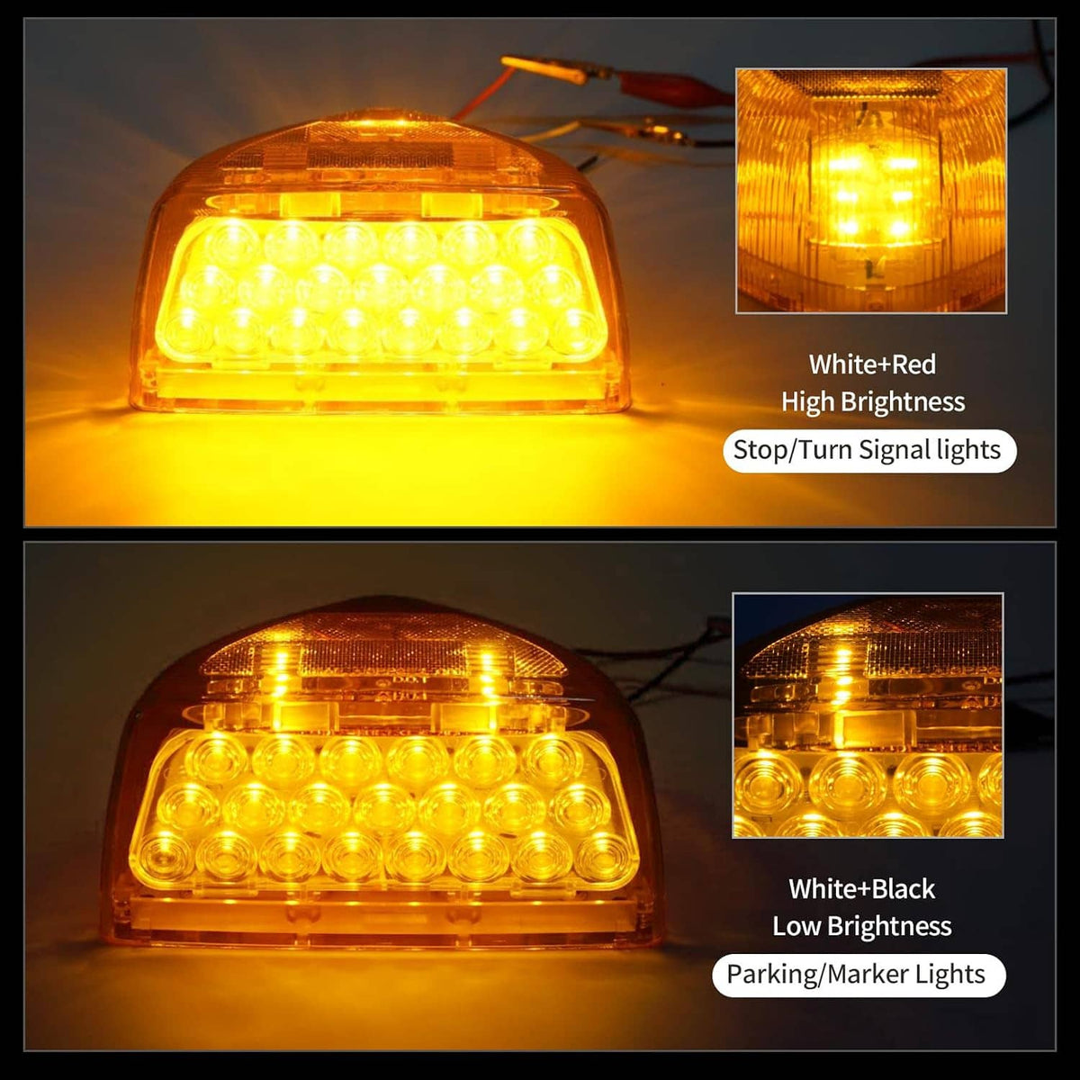 Pair of amber LED headlight/turn signal clearance lights showing LED array glow