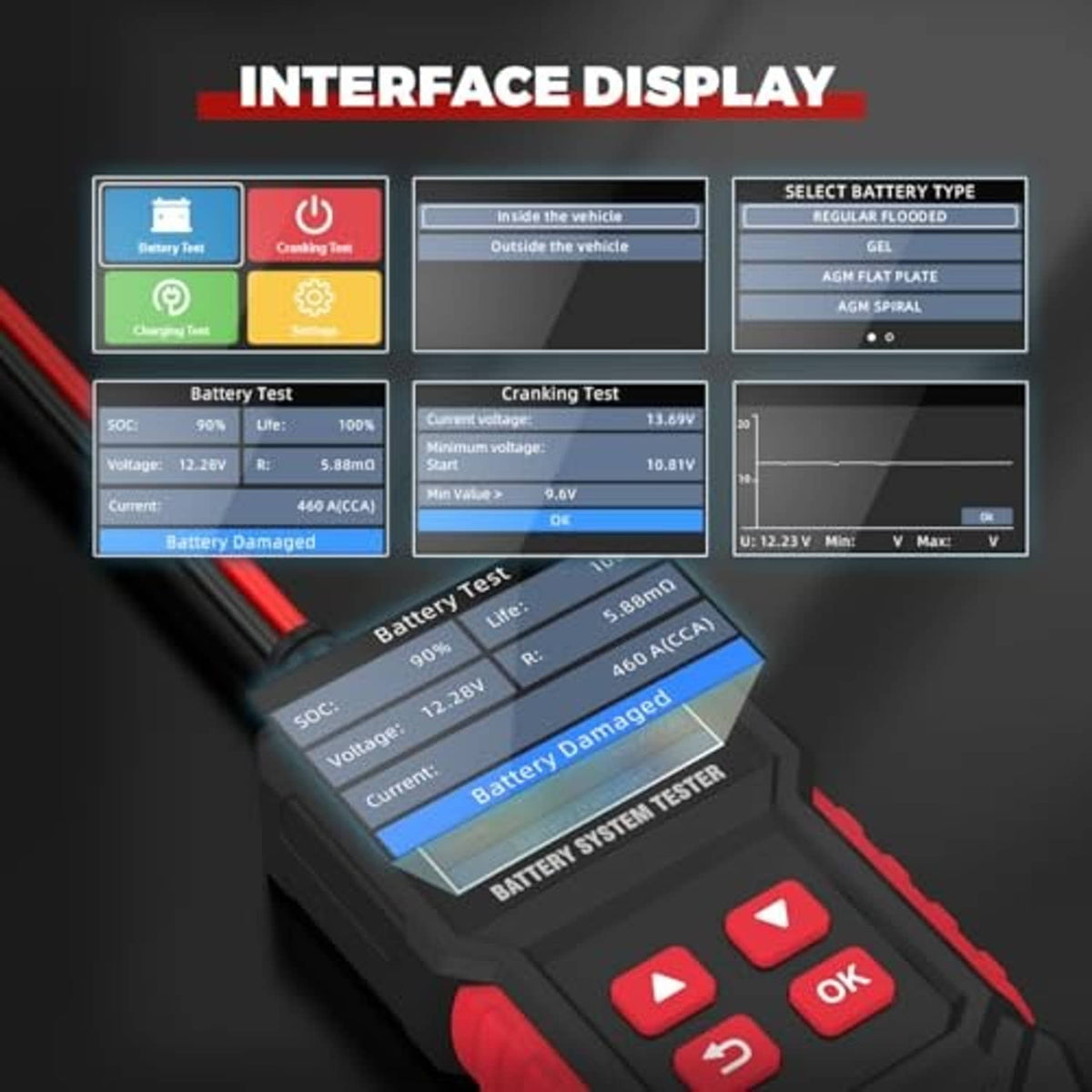 Battery system tester with interface display and select battery type panel