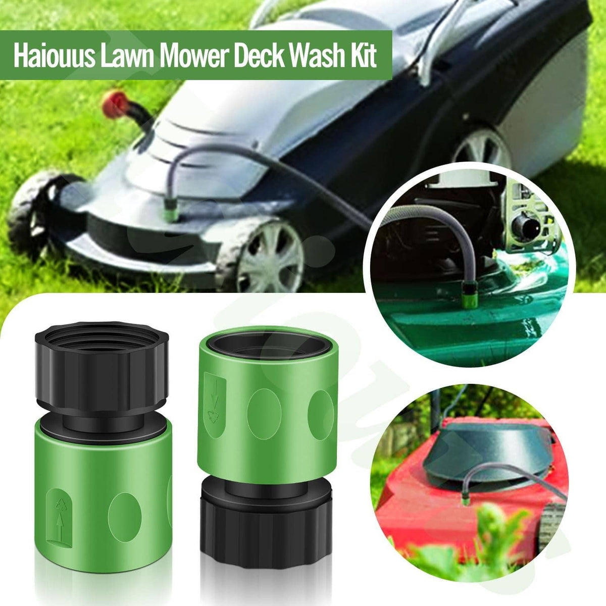 Lawn mower deck wash kit attached to mower deck with green hose connector and spray setup