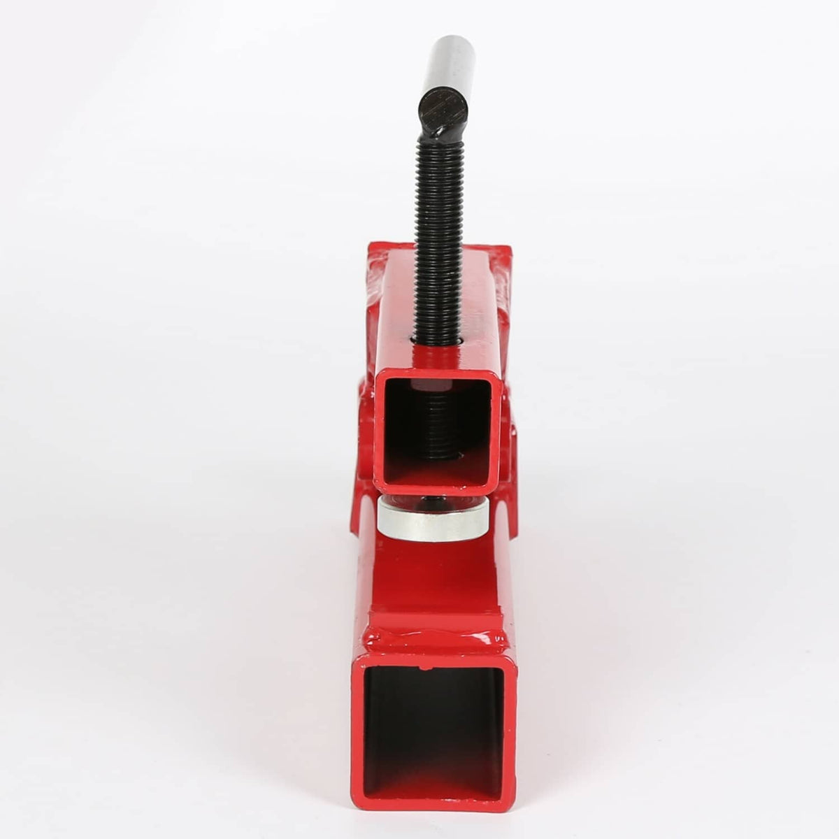 Red 2-inch ball mount receiver clamp with threaded post and black-top receiver opening, front view