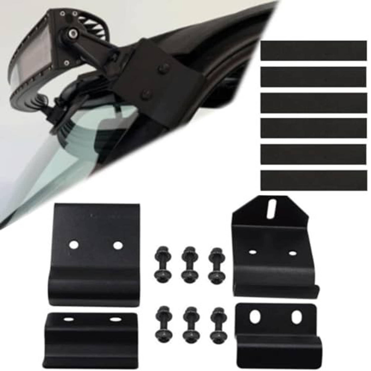 LED light bar mounting hardware set with black brackets, screws, and long metal plates