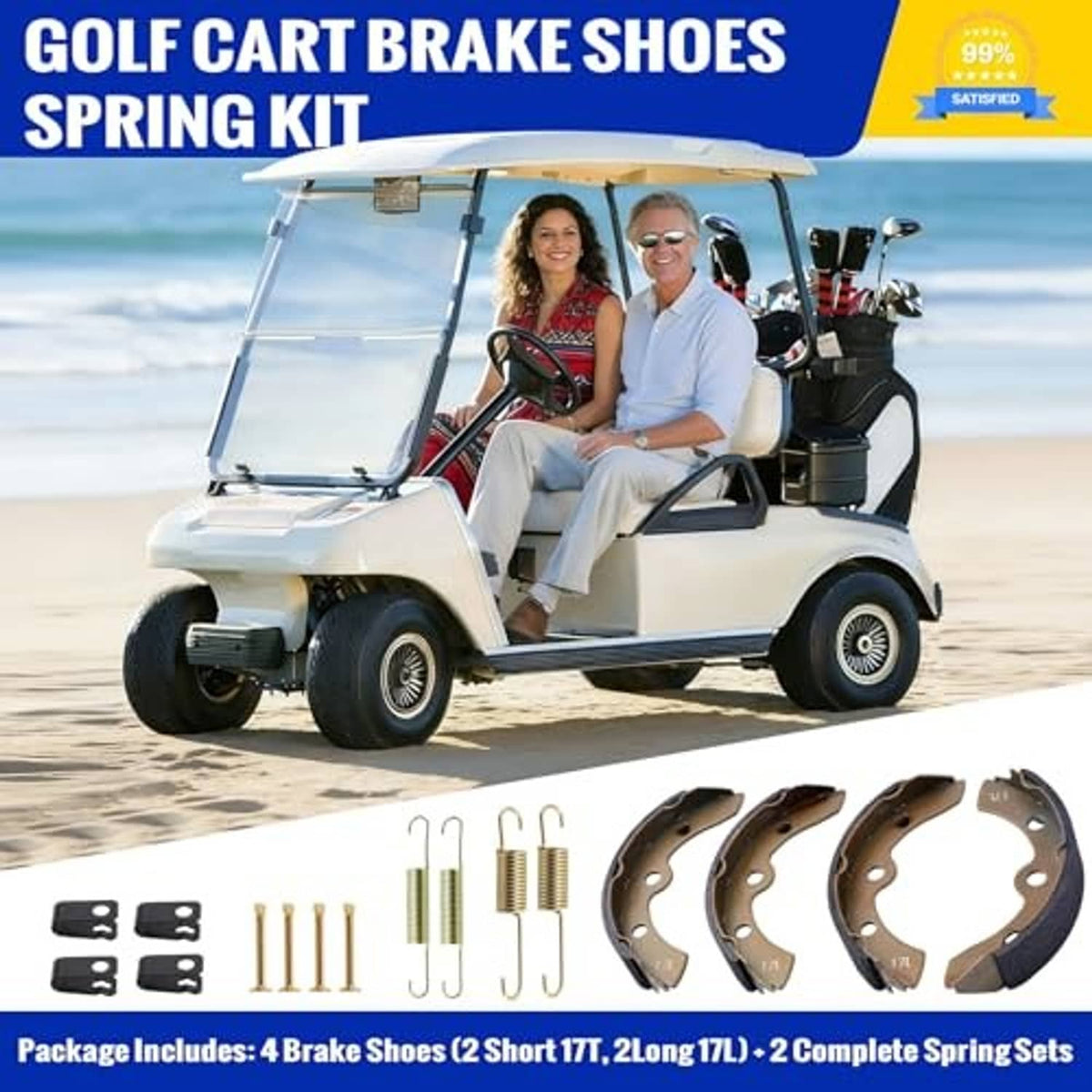 Golf cart brake shoe spring kit with four brown shoes and included spring hardware pieces