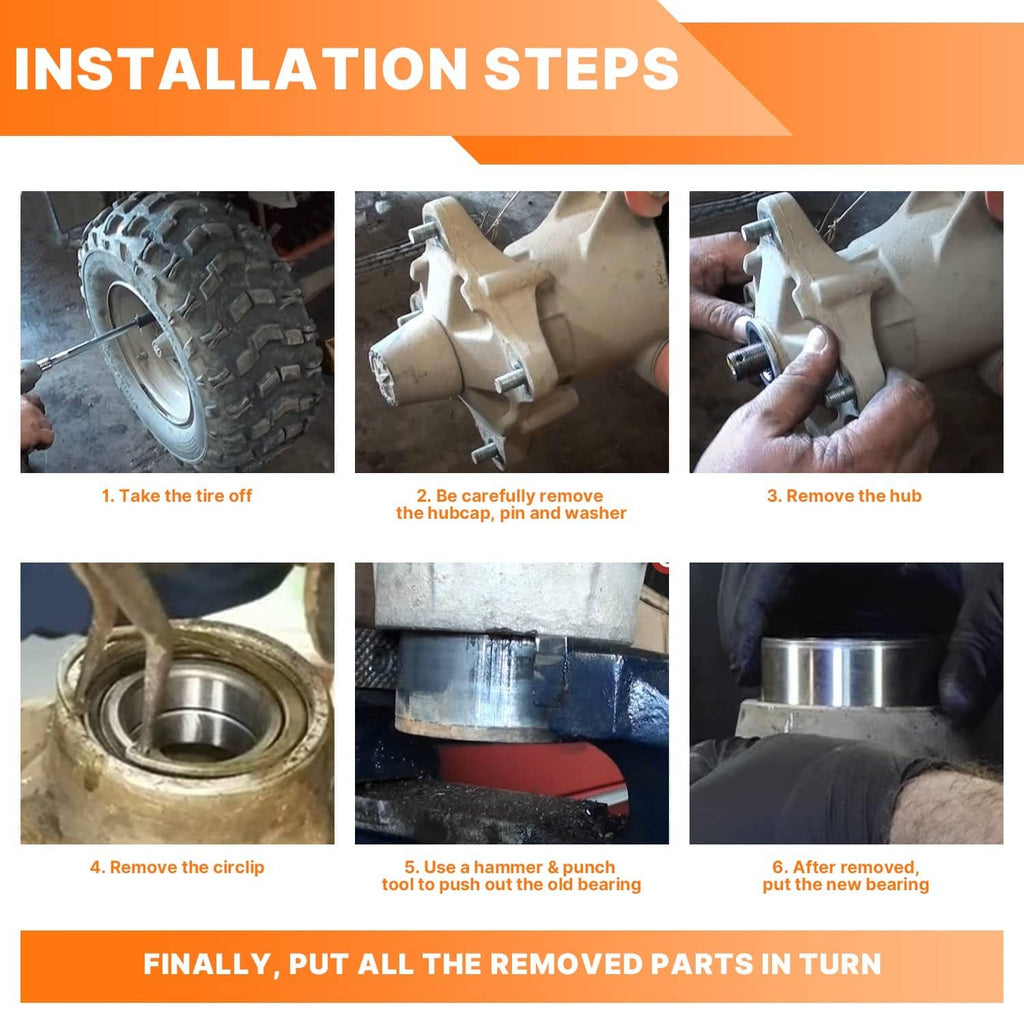Wheel bearing installation steps graphic with bearing and tool images