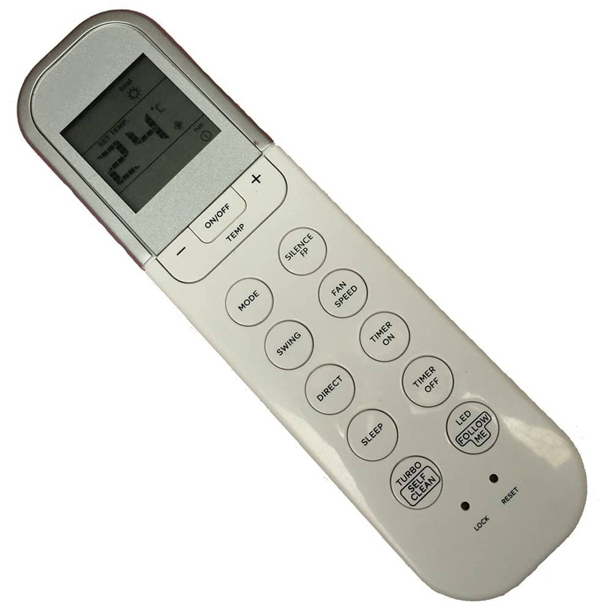 Air conditioner remote control in light gray with labeled button panel