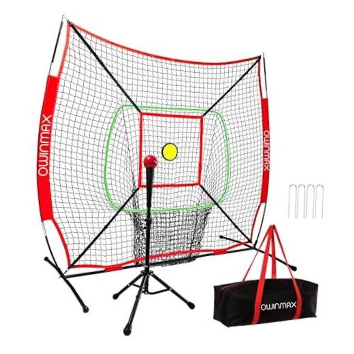 6x6 FT baseball batting net with red frame, black tripod stand, and yellow target