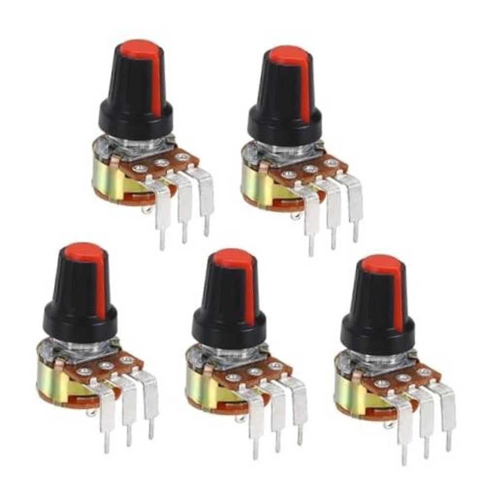 Set of 5 rotary potentiometers with red-black caps and 3-pin metal terminals