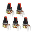 Set of 5 rotary potentiometers with red-black caps and 3-pin metal terminals