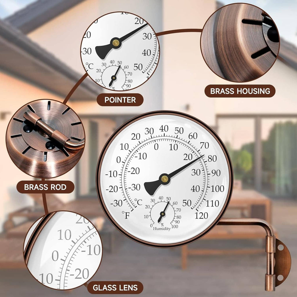 Brass swivel thermometer showing brass housing, rod, and glass lens with pointer dials