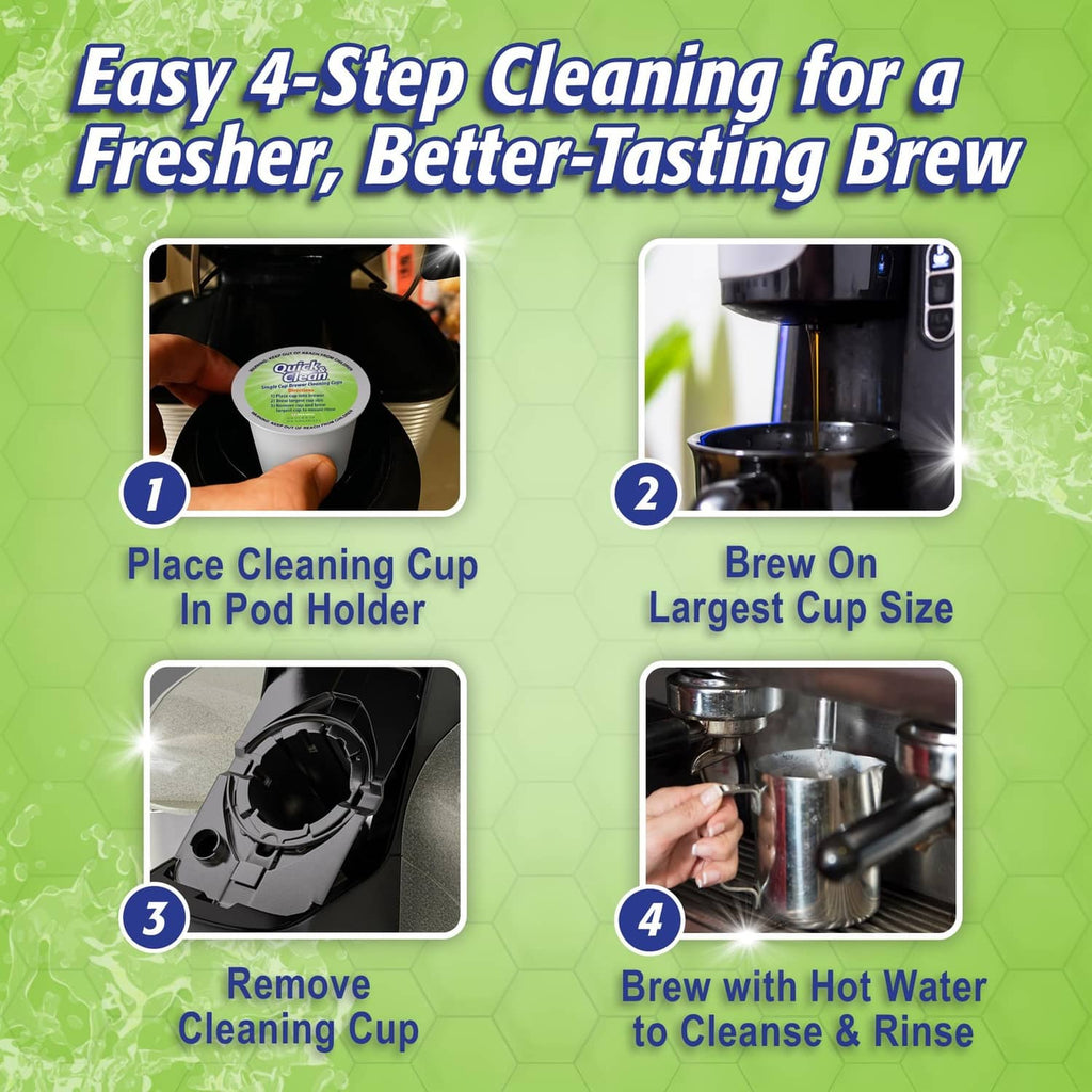 4-step cleaning guide for coffee-machine pods showing cup placement and hot-water brew