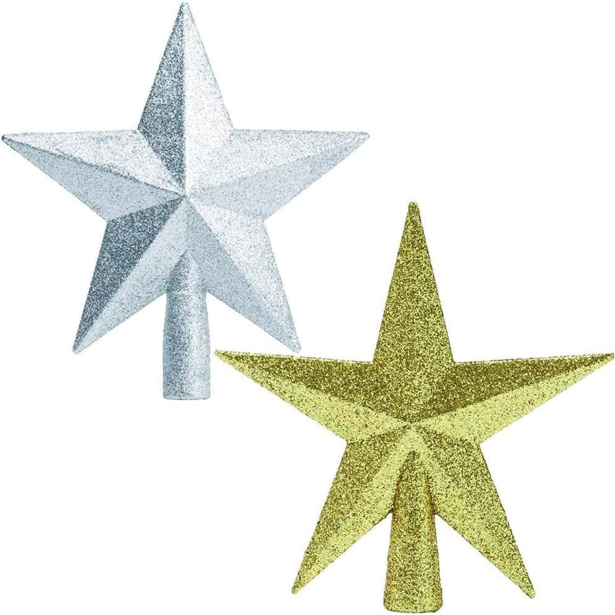 Silver glitter star and gold glitter star toppers with cone stems for tree tops