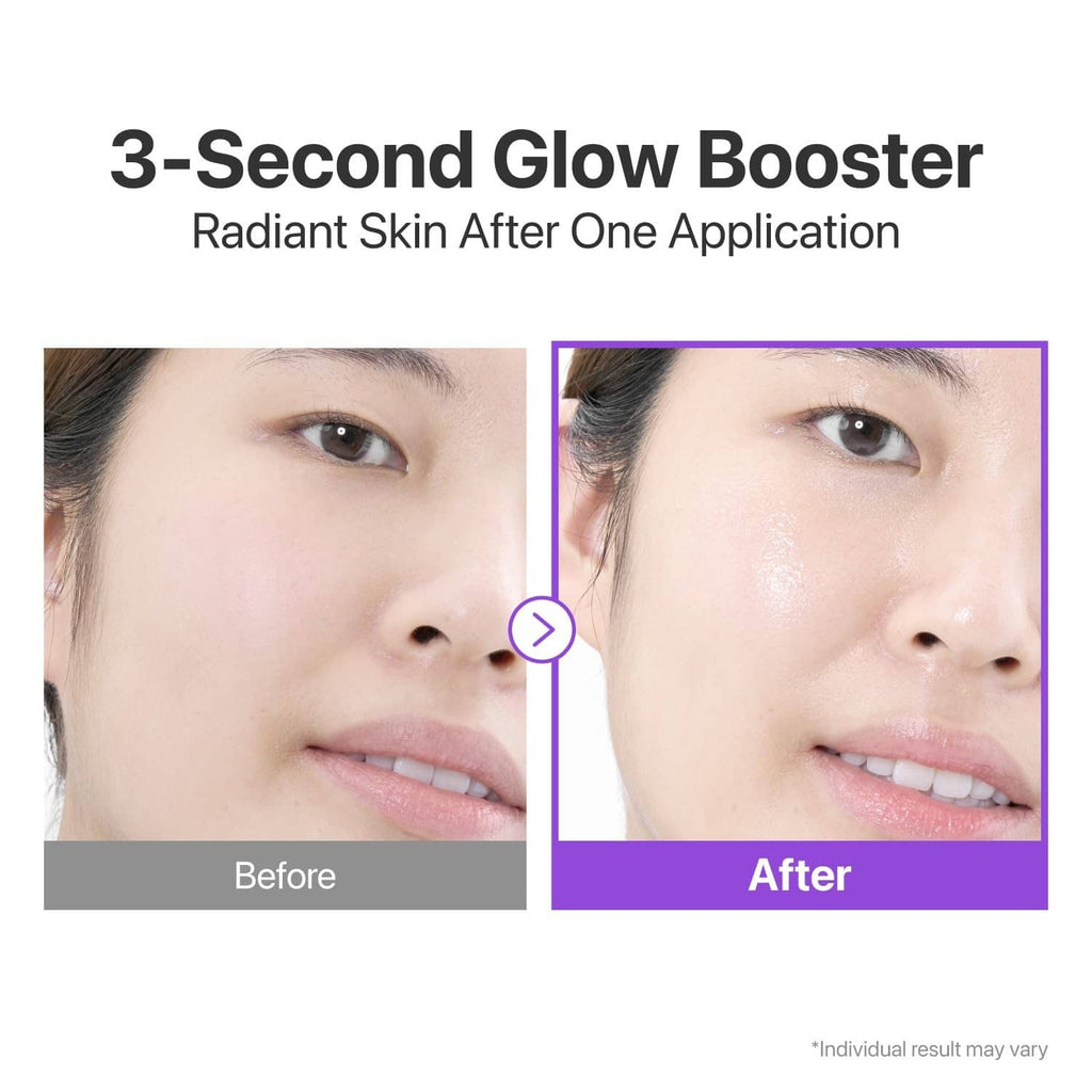 Glow boosting toner bottle shown beside before-and-after face photos