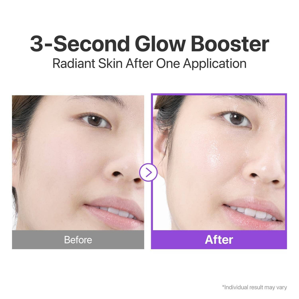 Glow boosting toner bottle shown beside before-and-after face photos