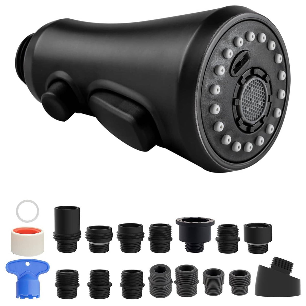 Matte black pull-down faucet spray head with multi-nozzle face