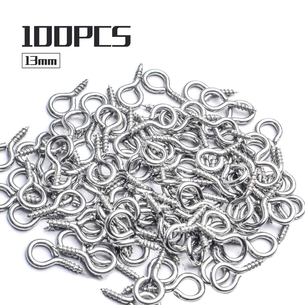 Assorted small silver-tone eye screw hooks with looped eyes and spiral threaded tips