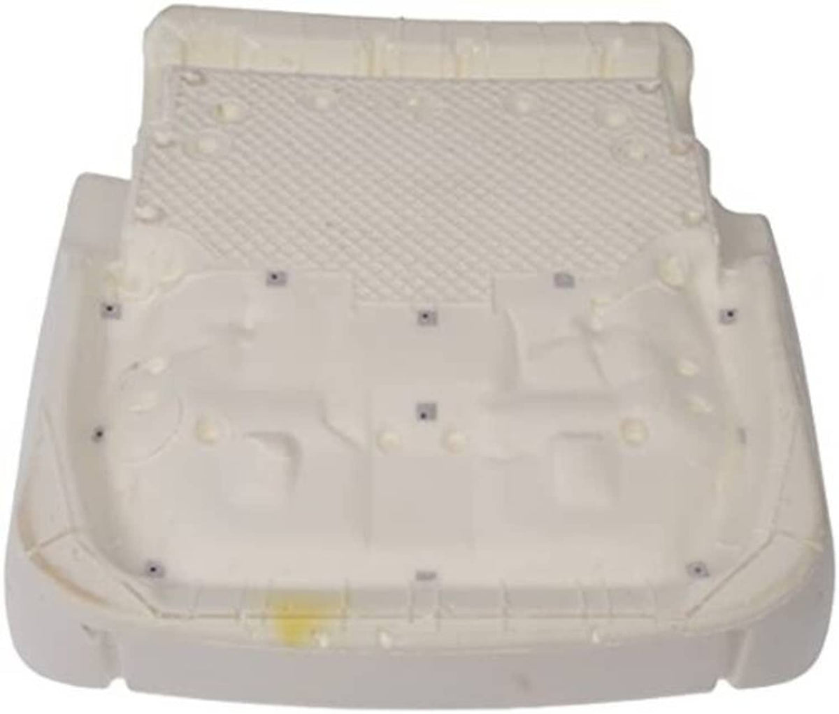 Front driver side seat cushion pad underside, cream with textured pattern and holes