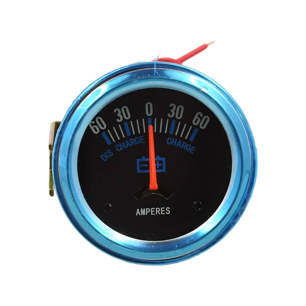 Blue-ring amp meter dial showing DISCHARGE and CHARGE labels with orange needle