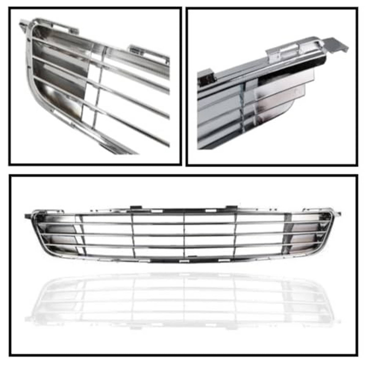 Front bumper grille, chrome and black mesh with multiple horizontal bar slats