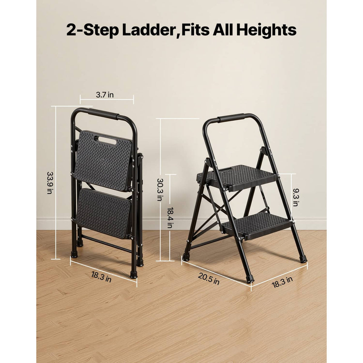 Two-step ladder with wide textured non-slip steps and top handrail, side view