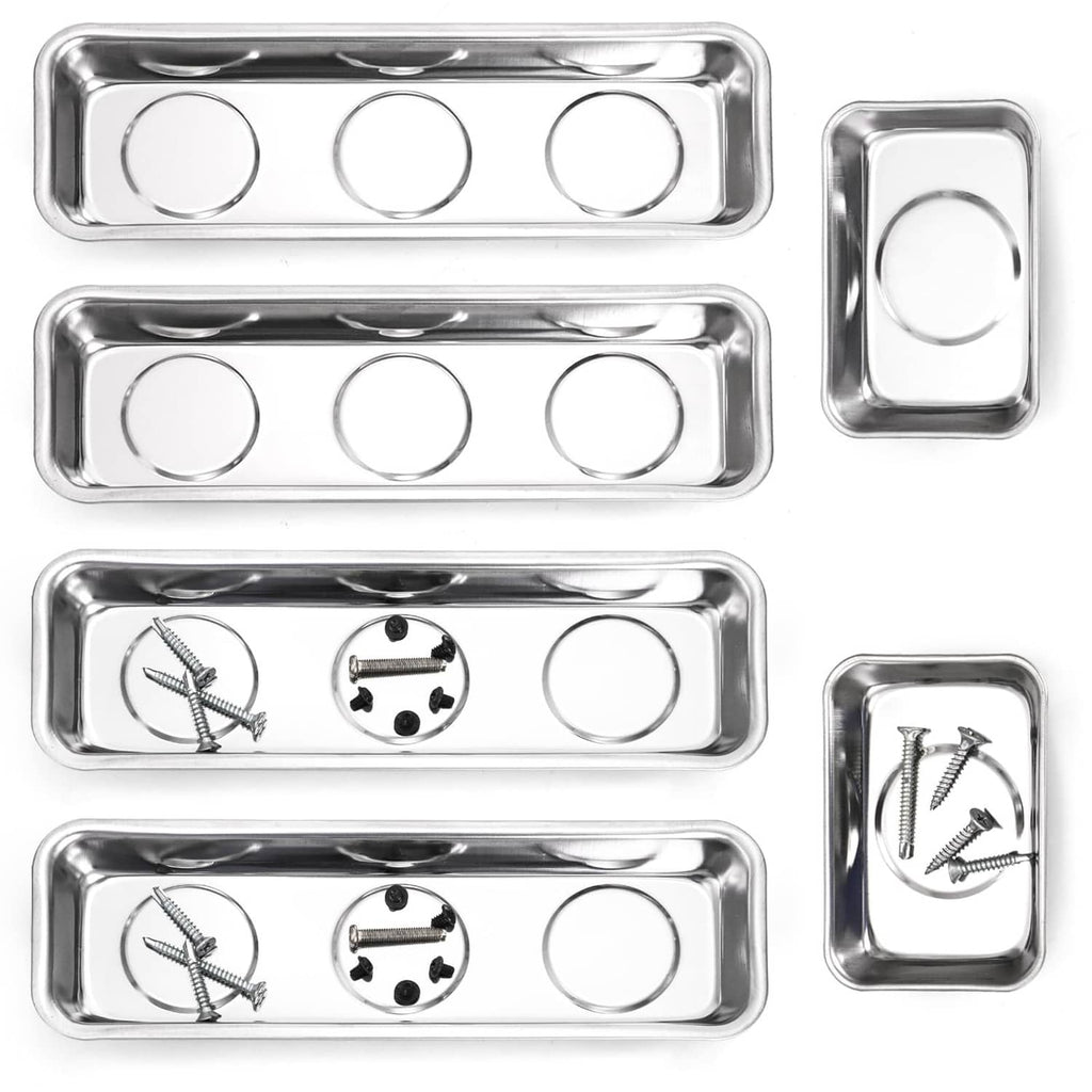Set of stainless steel magnetic parts trays with circular wells for small hardware