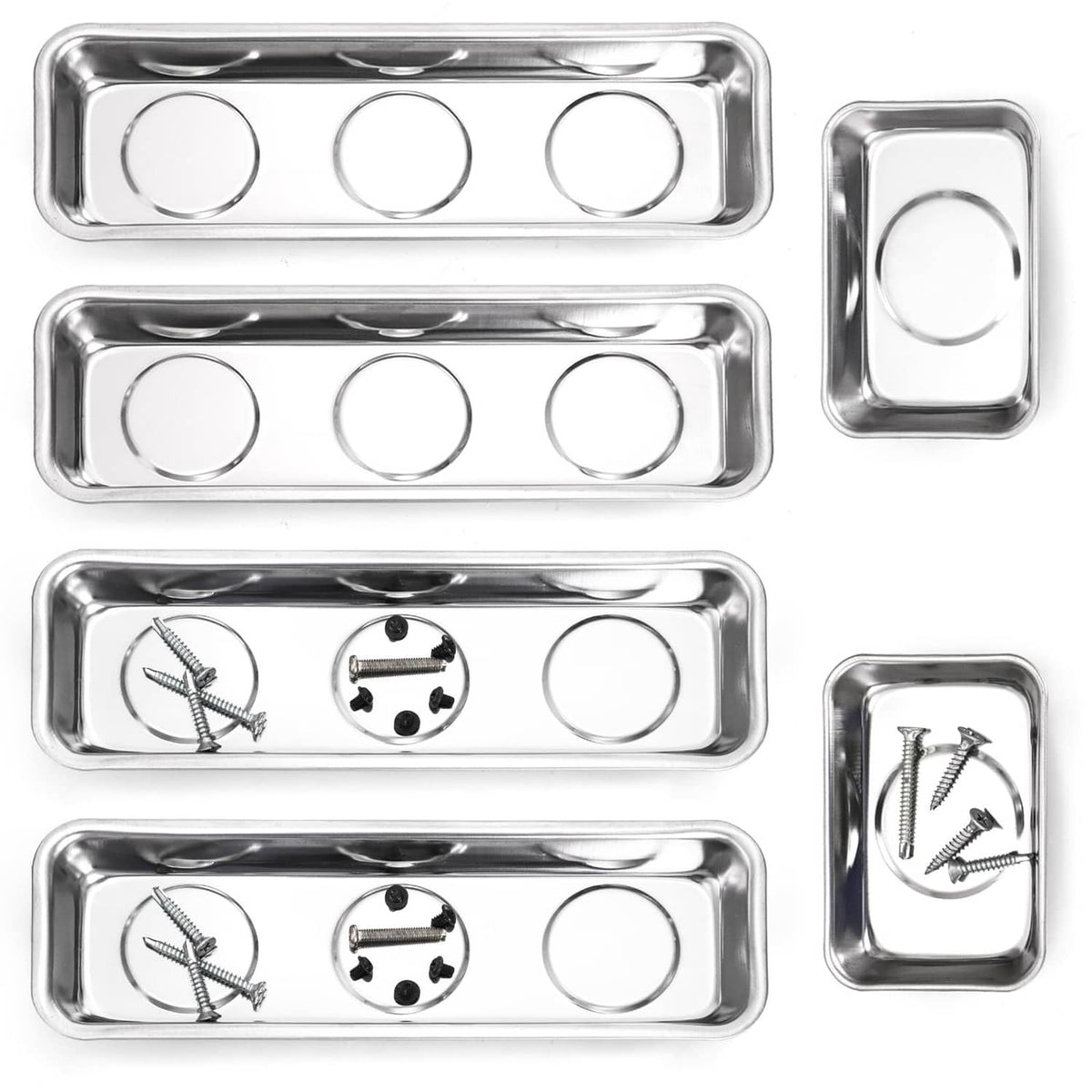 Set of stainless steel magnetic parts trays with circular wells for small hardware