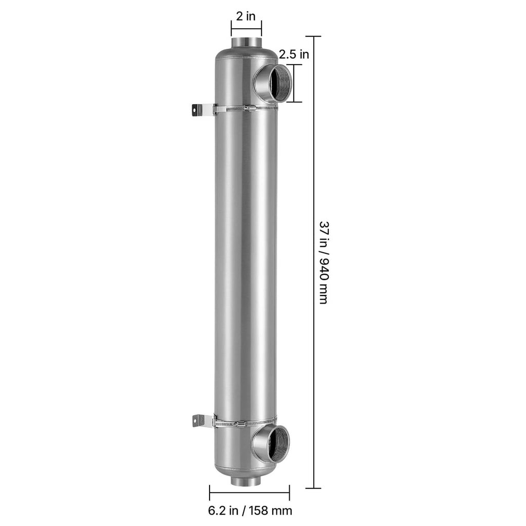 Stainless steel heat exchanger cylinder with top and bottom connection ports