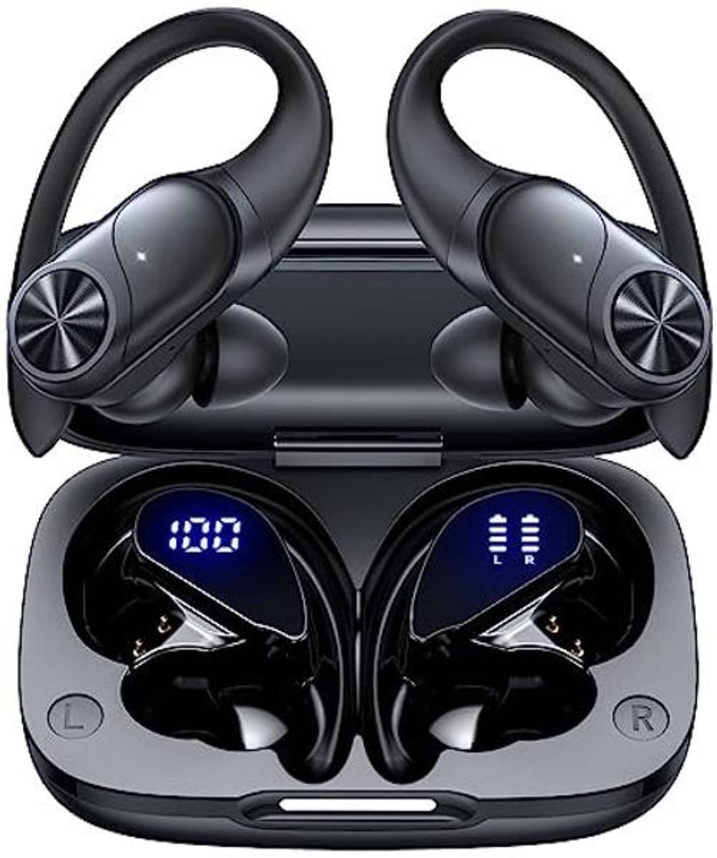 Black wireless earbuds and charging case with LED battery indicators and L/R marks