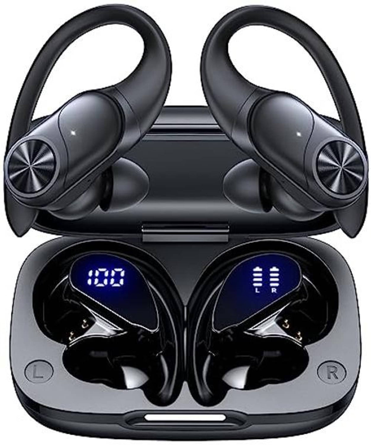 Black wireless earbuds and charging case with LED battery indicators and L/R marks