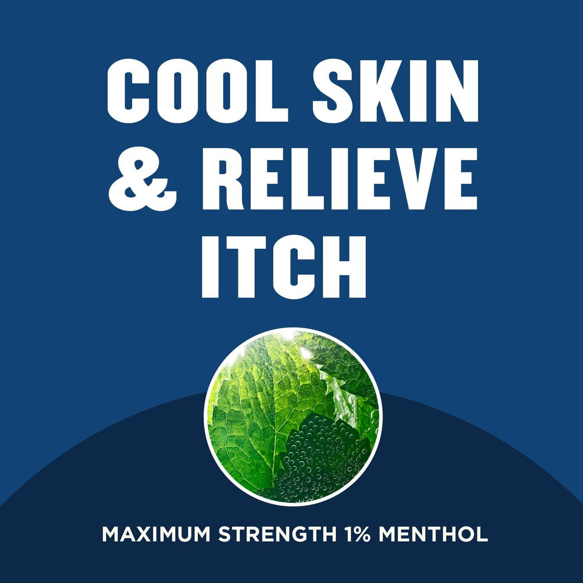 Cool skin and relieve itch graphic with menthol drop icon and leaf detail
