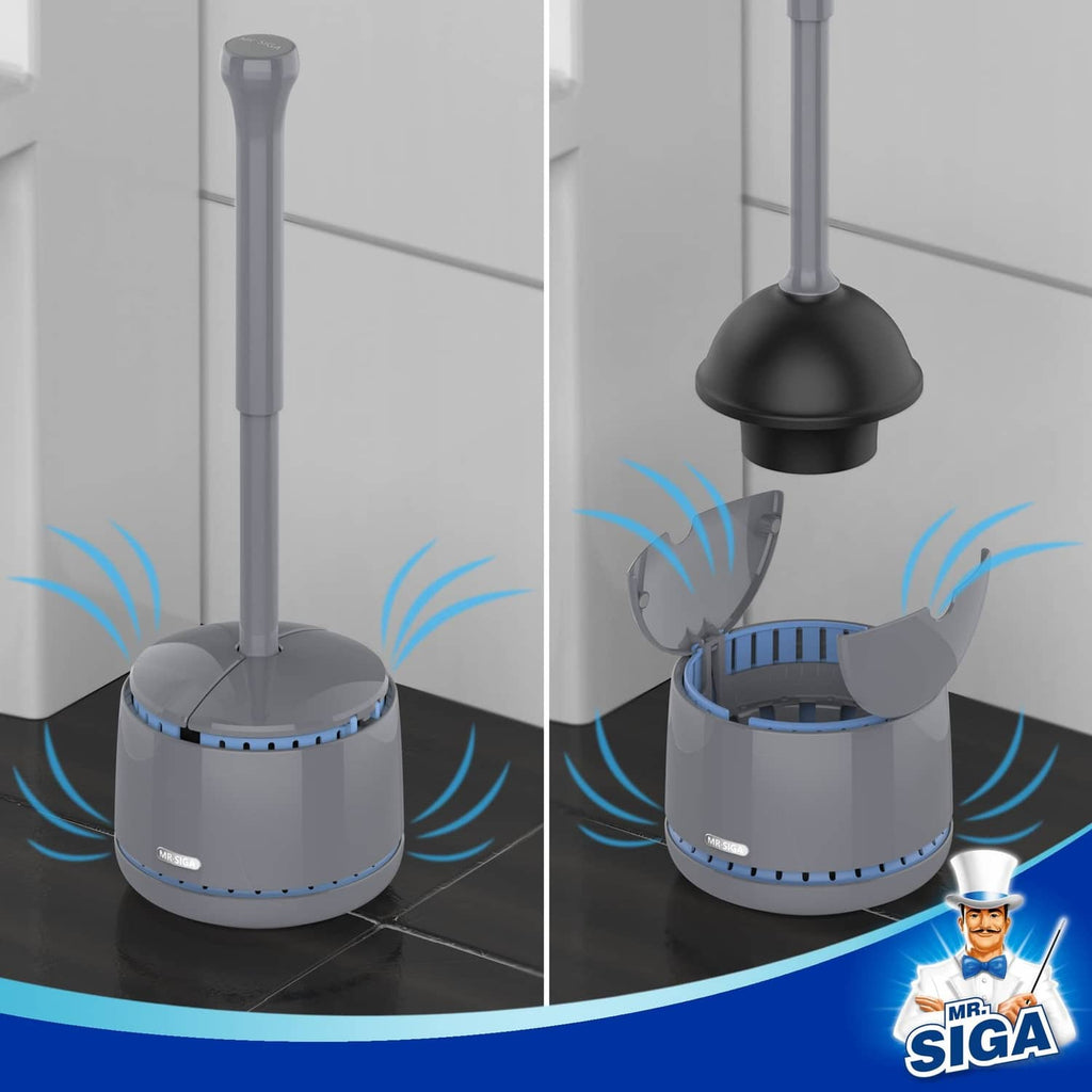 MR.SIGA toilet plunger with holder, gray base with blue ridges and tall handle