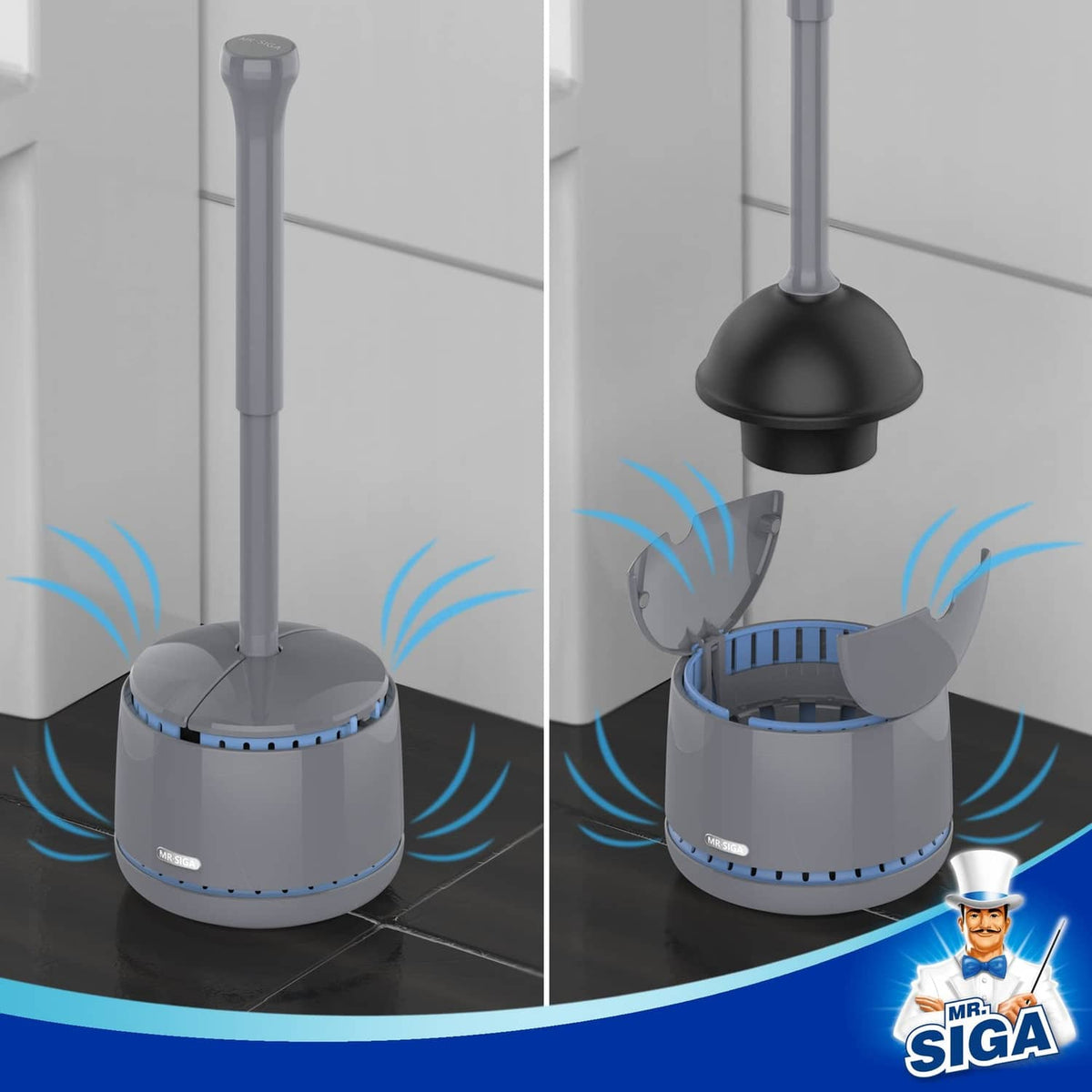 MR.SIGA toilet plunger with holder, gray base with blue ridges and tall handle