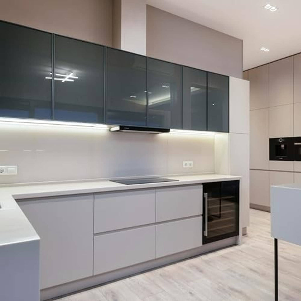 Daylight 6500K T5 LED tube lights glowing as a cool white strip under cabinets