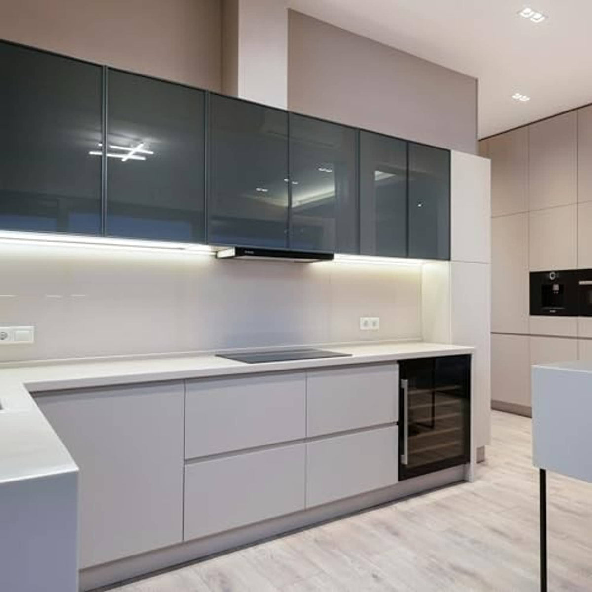 Daylight 6500K T5 LED tube lights glowing as a cool white strip under cabinets