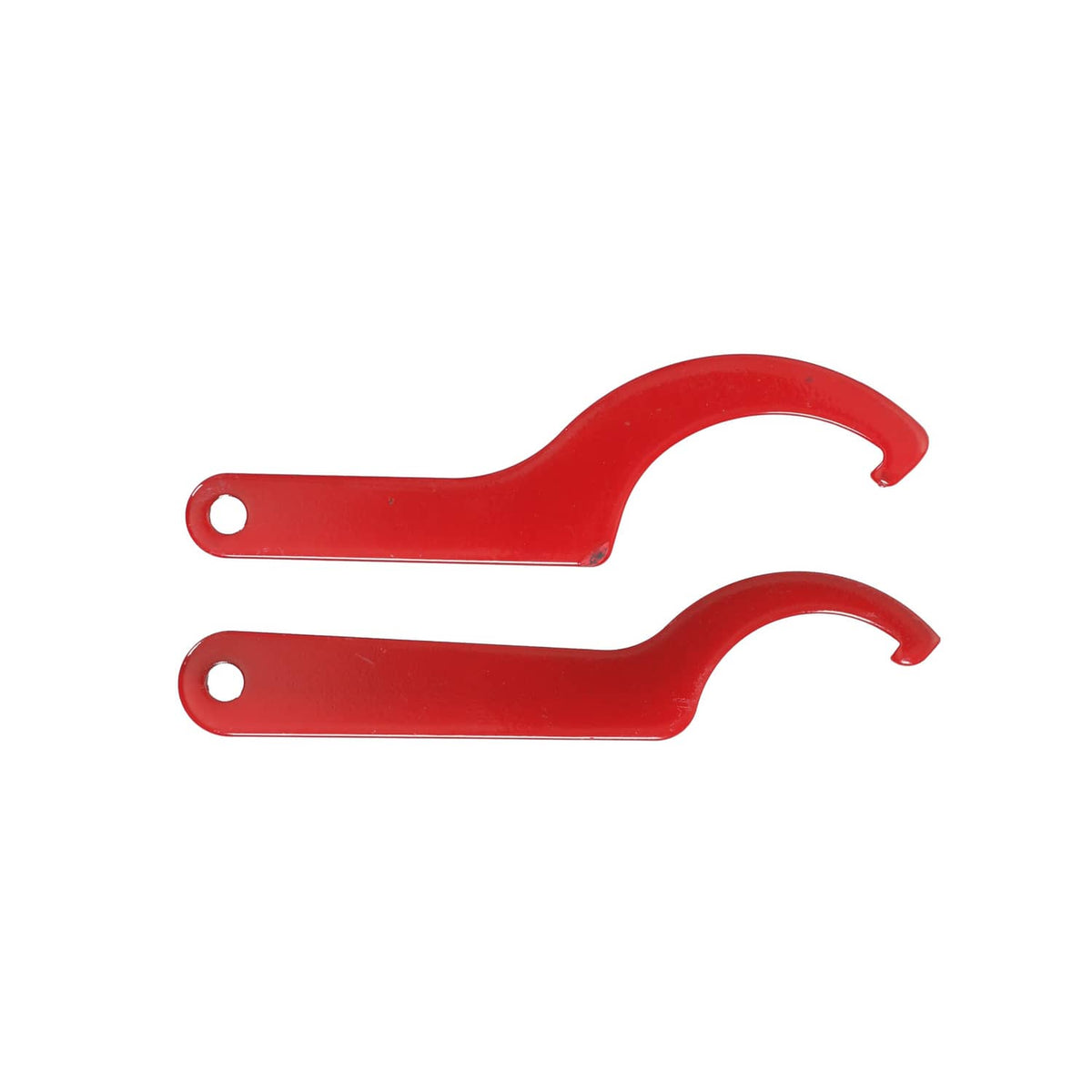 Red U-shaped hardware tools with mounting holes for suspension installation