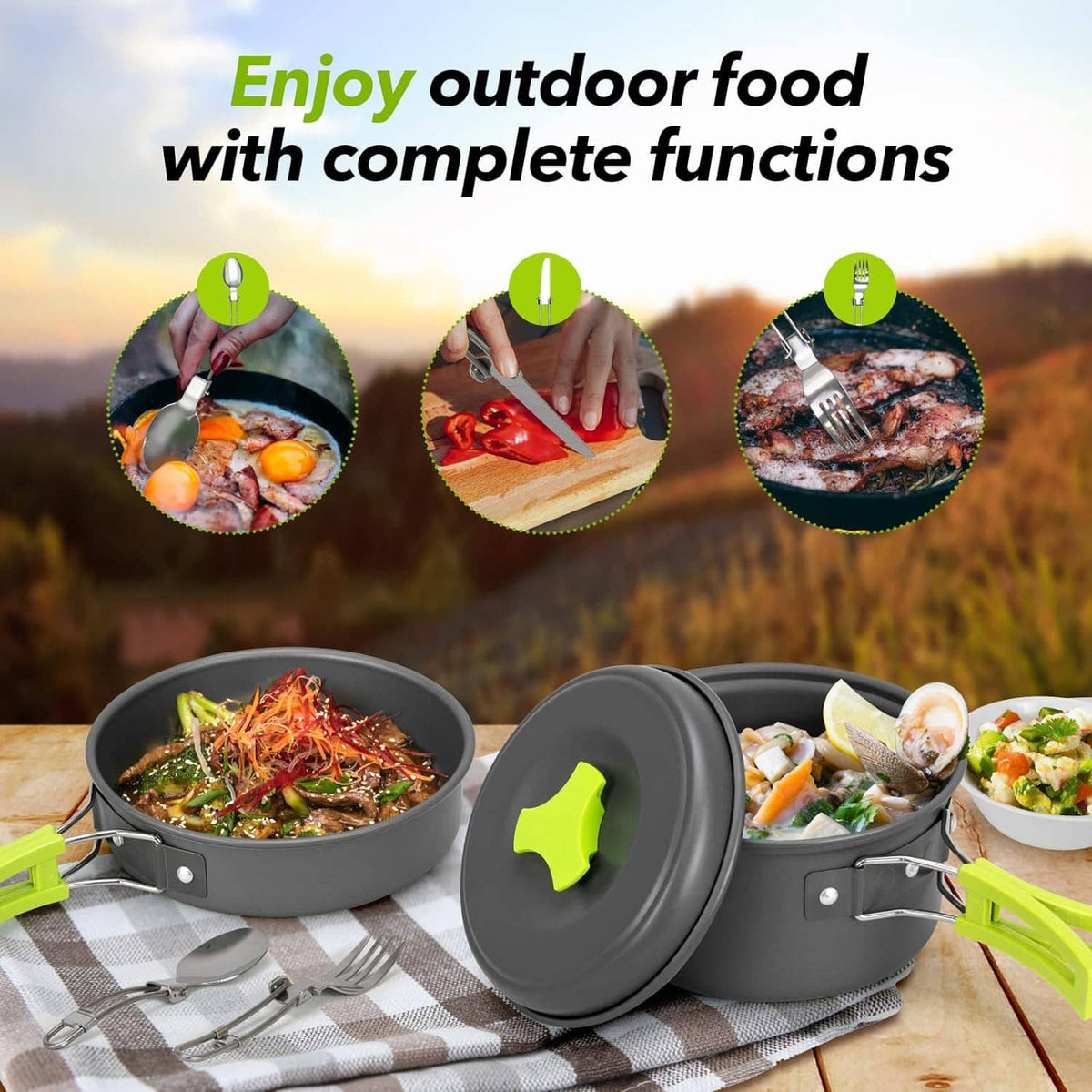 Gray nonstick pot set on striped surface with bright green handles and serving utensils