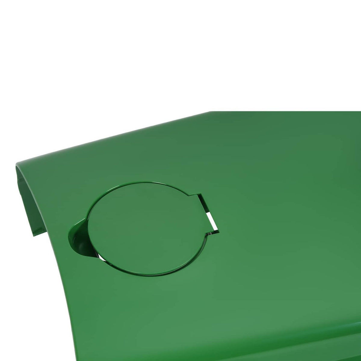Close-up of circular fuel door on green tractor upper hood