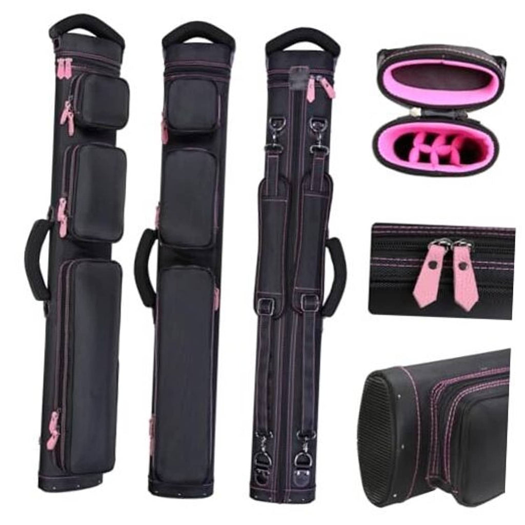 Nylon pool cue case, black with pink accents, holds 2 butts and 4 shafts