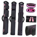 Nylon pool cue case, black with pink accents, holds 2 butts and 4 shafts