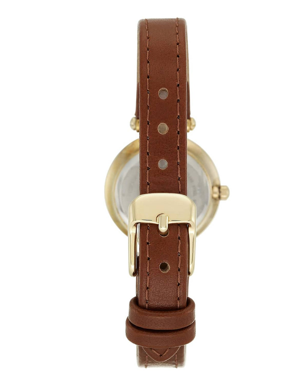 Gold-tone wristwatch with brown leather strap and champagne case, side view